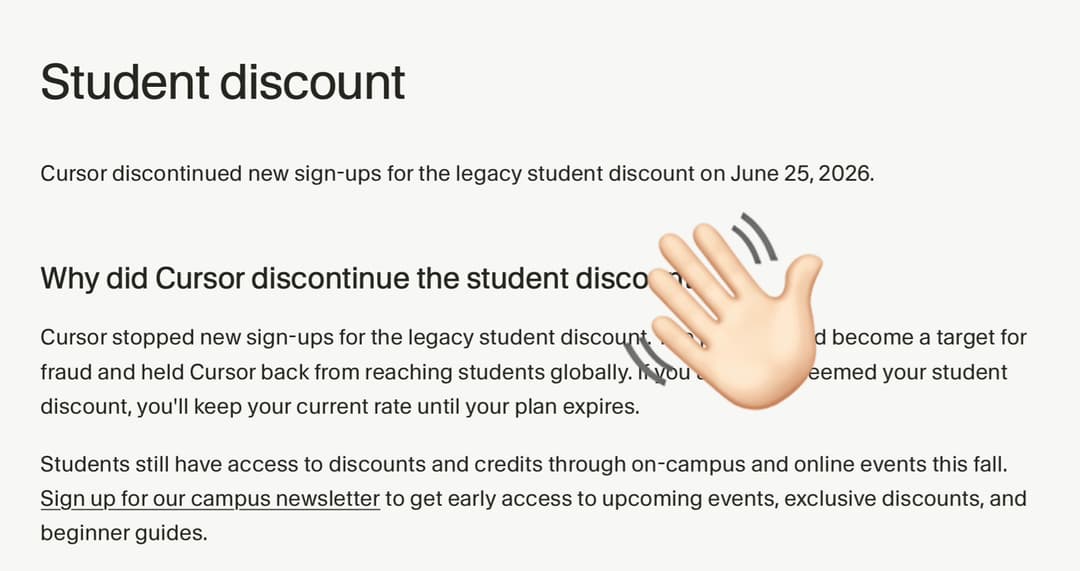 Cursor support page about update of student discount.