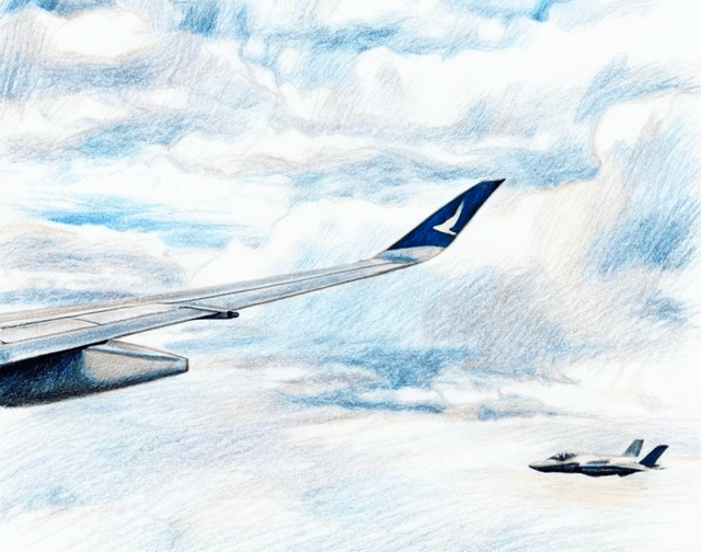 AI-generated illustration in colored pencil style showing a view from a passenger airplane wing with a blue tail fin bearing a white emblem, flying above the clouds as a military fighter jet flies in the distance below.