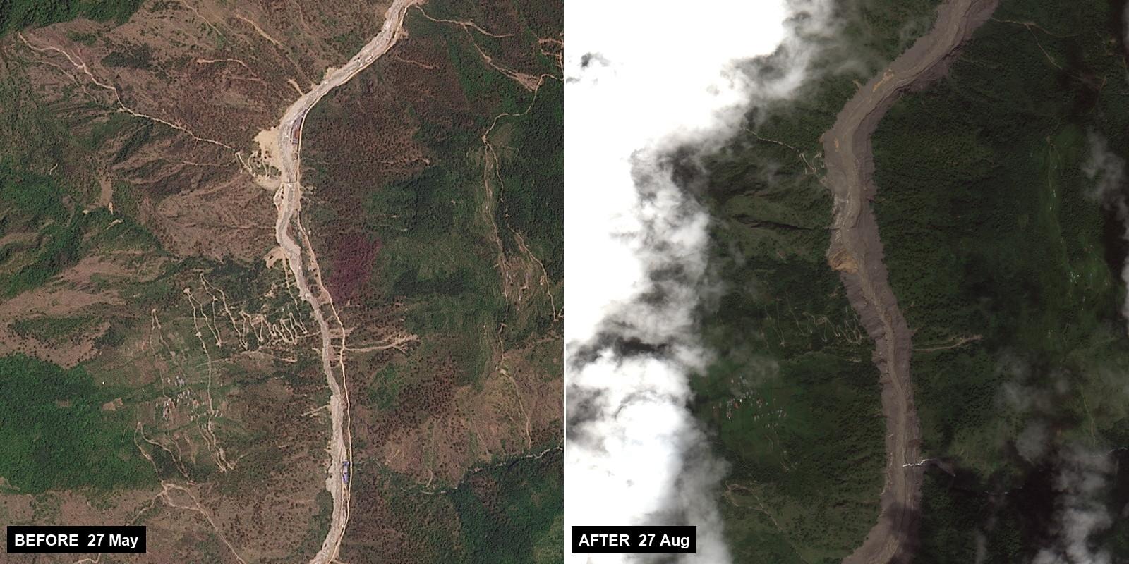 Satellite comparison of the Bhote Koshi–Trishuli valley in Rasuwa, Nepal. At left on 27 May 2026 a narrow braided river threads a green terraced valley floor; at right on 27 August 2026 the same channel is several times wider and stripped to bare grey sediment after the outburst flood.