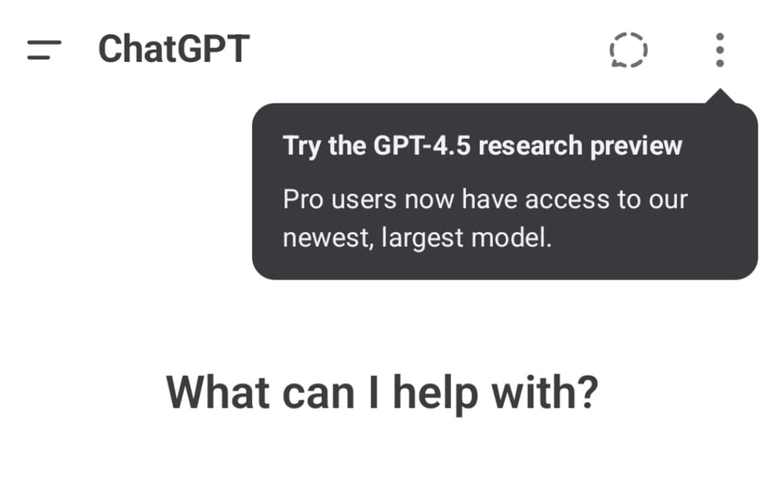 A notification for GPT-4.5 research preview