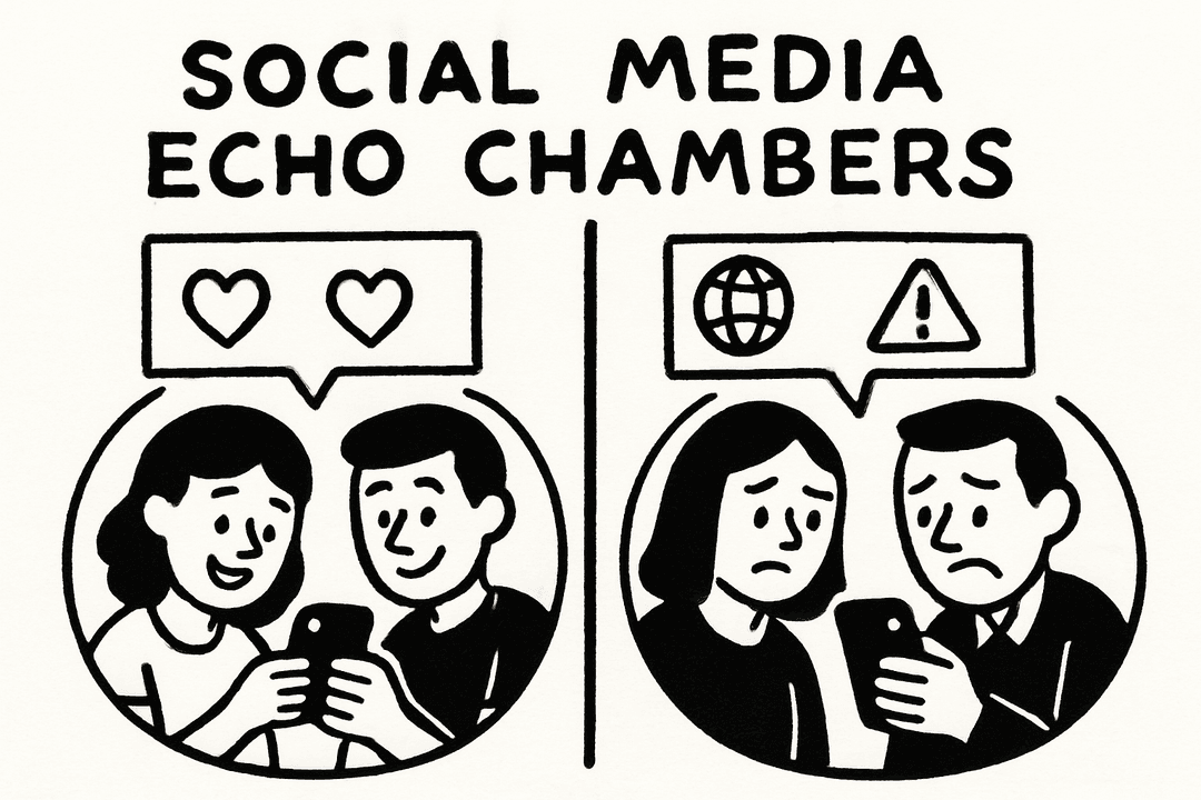 Two distinct echo chambers with different content (hearts vs. news/warnings)