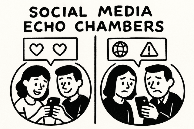 Two distinct echo chambers with different content (hearts vs. news/warnings)