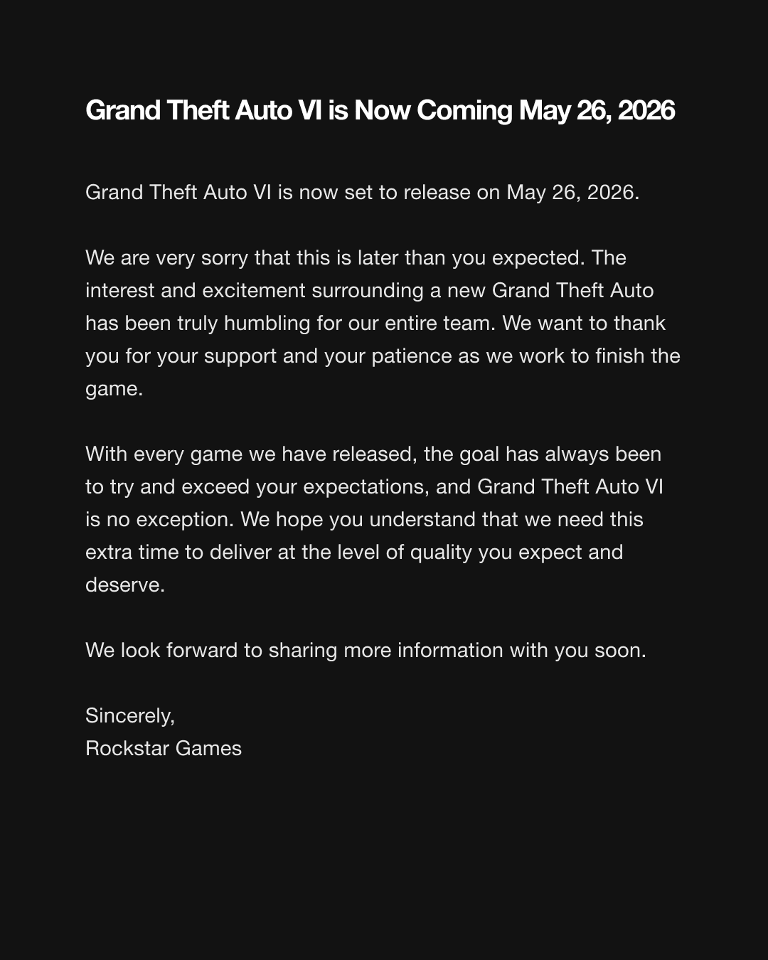 Announcement of Rockstar Games