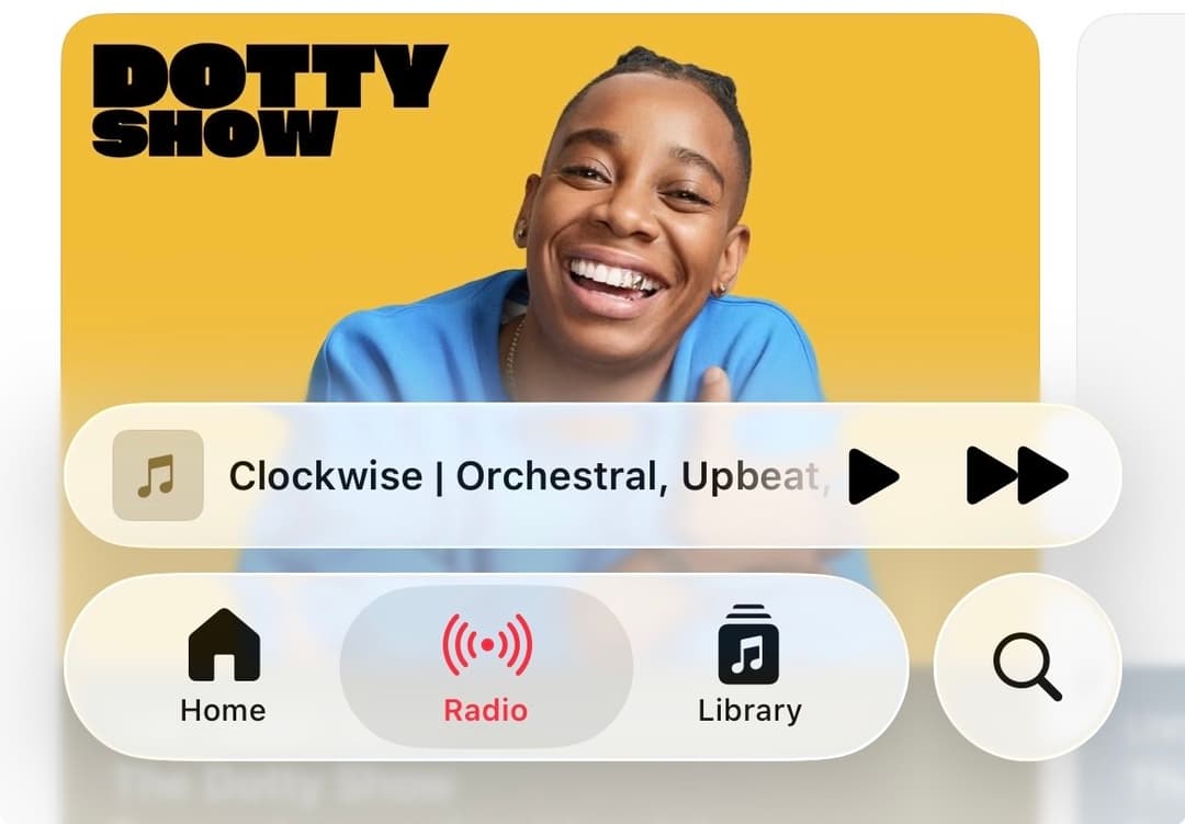 The updated Liquid Glass navigation bar in Apple Music.