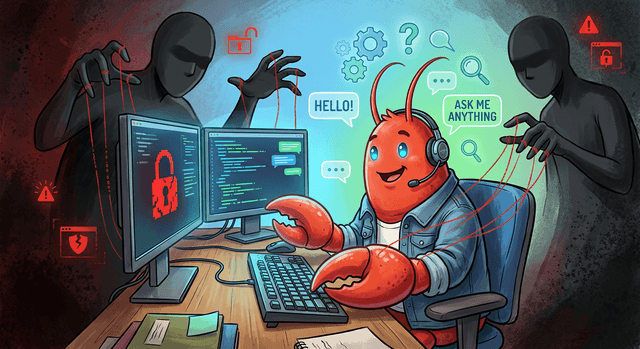 The illustration centers on a striking lobster, with floating icons.