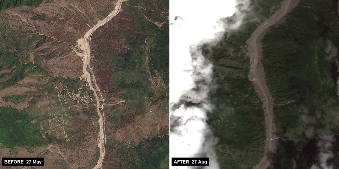 Satellite comparison of the Bhote Koshi–Trishuli valley in Rasuwa, Nepal. At left on 27 May 2026 a narrow braided river threads a green terraced valley floor; at right on 27 August 2026 the same channel is several times wider and stripped to bare grey sediment after the outburst flood.