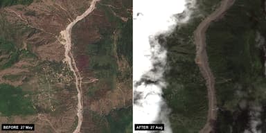 Satellite comparison of the Bhote Koshi–Trishuli valley in Rasuwa, Nepal. At left on 27 May 2026 a narrow braided river threads a green terraced valley floor; at right on 27 August 2026 the same channel is several times wider and stripped to bare grey sediment after the outburst flood.