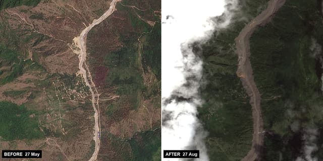 Satellite comparison of the Bhote Koshi–Trishuli valley in Rasuwa, Nepal. At left on 27 May 2026 a narrow braided river threads a green terraced valley floor; at right on 27 August 2026 the same channel is several times wider and stripped to bare grey sediment after the outburst flood.