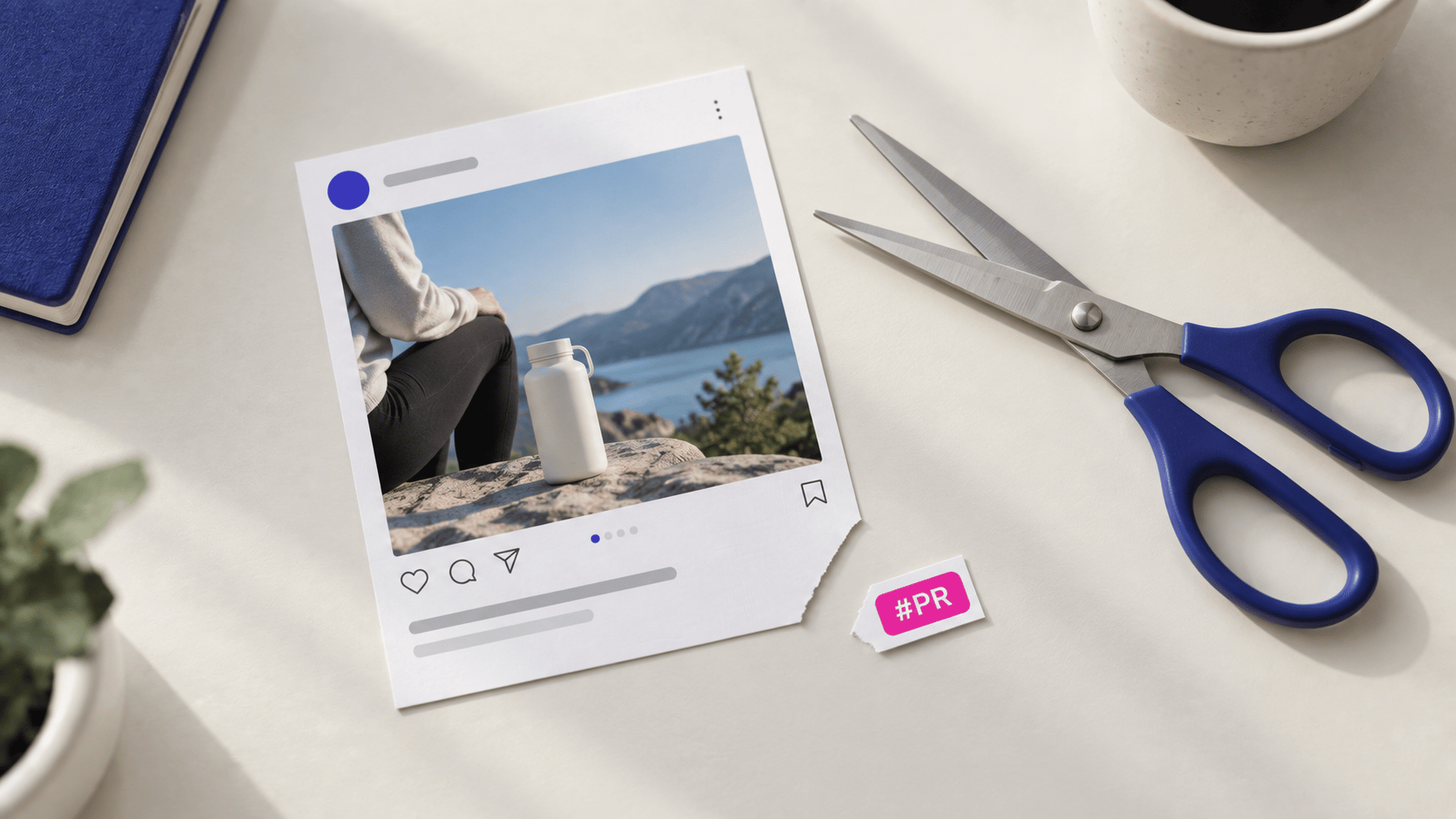 A printed social media post mockup beside blue-handled scissors and a pink #PR sticker on a white desk with a notebook and