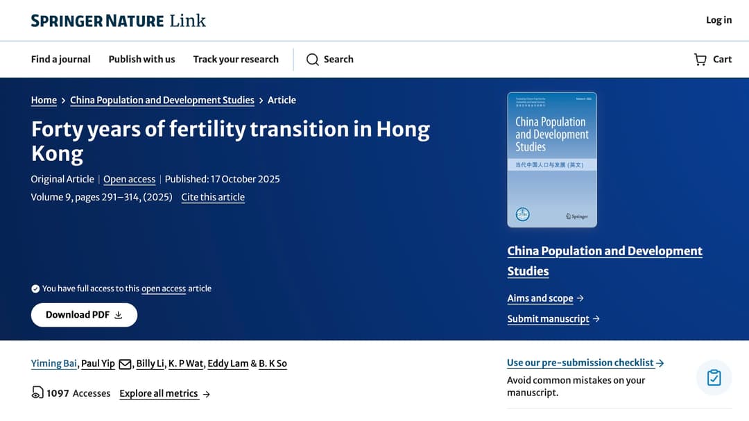 Bai, Y., Yip, P., Li, B. et al. Forty years of fertility transition in Hong Kong. China popul. dev. stud. 9, 291–314 (2025). https://doi.org/10.1007/s42379-025-00201-x
