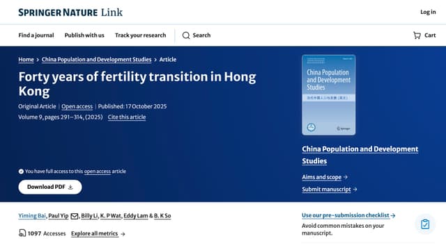 Bai, Y., Yip, P., Li, B. et al. Forty years of fertility transition in Hong Kong. China popul. dev. stud. 9, 291–314 (2025). https://doi.org/10.1007/s42379-025-00201-x